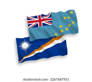 National vector fabric wave flags of Tuvalu and Republic of the Marshall Islands isolated on white background. 1 to 2 proportion.