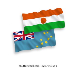 National vector fabric wave flags of Tuvalu and Republic of the Niger isolated on white background. 1 to 2 proportion.