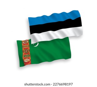 National vector fabric wave flags of Estonia and Turkmenistan isolated on white background. 1 to 2 proportion.