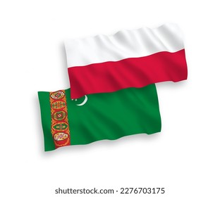 Banderas de olas de tela vectorial nacional de Turkmenistán y Polonia aisladas en fondo blanco. de 1 a 2.