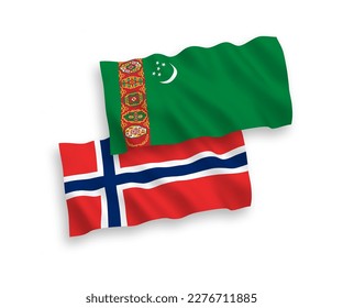 Banderas de olas de tela vectorial nacional de Noruega y Turkmenistán aisladas en fondo blanco. de 1 a 2.
