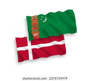 National vector fabric wave flags of Denmark and Turkmenistan isolated on white background. 1 to 2 proportion.