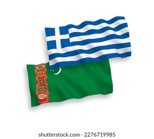 National vector fabric wave flags of Greece and Turkmenistan isolated on white background. 1 to 2 proportion.