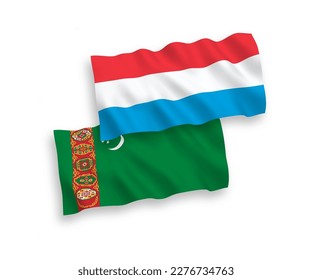 National vector fabric wave flags of Turkmenistan and Luxembourg isolated on white background. 1 to 2 proportion.