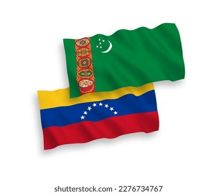 National vector fabric wave flags of Venezuela and Turkmenistan isolated on white background. 1 to 2 proportion.