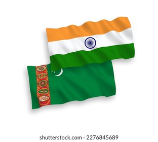 Banderas de olas de tela vectorial nacional de India y Turkmenistán aisladas en fondo blanco. de 1 a 2.