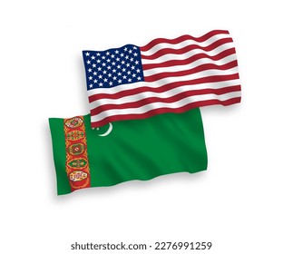 National vector fabric wave flags of Turkmenistan and USA isolated on white background. 1 to 2 proportion.