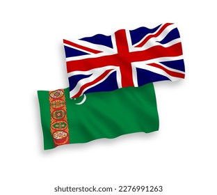 Nationale Vektor-Wellen-Flaggen von Großbritannien und Turkmenistan einzeln auf weißem Hintergrund. 1 bis 2 %.