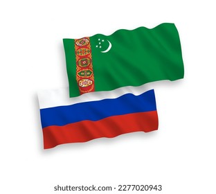 National vector fabric wave flags of Turkmenistan and Russia isolated on white background. 1 to 2 proportion.
