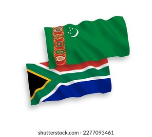 National vector fabric wave flags of Turkmenistan and Republic of South Africa isolated on white background. 1 to 2 proportion.