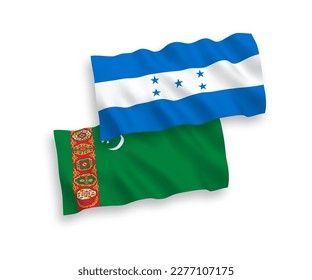 National vector fabric wave flags of Turkmenistan and Honduras isolated on white background. 1 to 2 proportion.