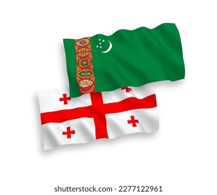 National vector fabric wave flags of Turkmenistan and Georgia isolated on white background. 1 to 2 proportion.