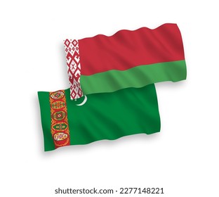 National vector fabric wave flags of Turkmenistan and Belarus isolated on white background. 1 to 2 proportion.