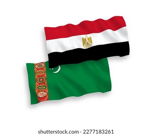 National vector fabric wave flags of Turkmenistan and Egypt isolated on white background. 1 to 2 proportion.