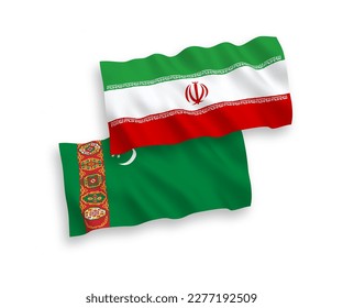 National vector fabric wave flags of Turkmenistan and Iran isolated on white background. 1 to 2 proportion.