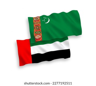 National vector fabric wave flags of Turkmenistan and United Arab Emirates isolated on white background. 1 to 2 proportion.
