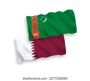 National vector fabric wave flags of Turkmenistan and Qatar isolated on white background. 1 to 2 proportion.