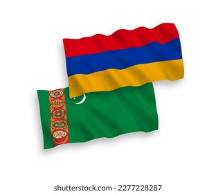 National vector fabric wave flags of Turkmenistan and Armenia isolated on white background. 1 to 2 proportion.