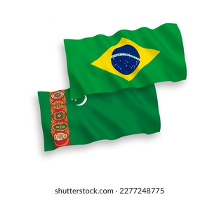 National vector fabric wave flags of Brazil and Turkmenistan isolated on white background. 1 to 2 proportion.