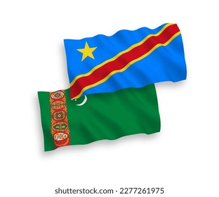 Banderas de olas de tela vectorial nacional de Turkmenistán y de la República Democrática del Congo aisladas de fondo blanco. de 1 a 2.