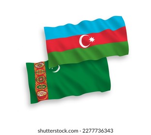 National vector fabric wave flags of Turkmenistan and Azerbaijan isolated on white background. 1 to 2 proportion.