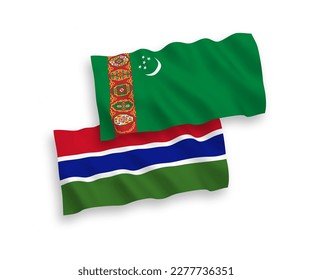 Banderas de olas de tela vectorial nacional de Turkmenistán y la República de Gambia aisladas de fondo blanco. de 1 a 2.