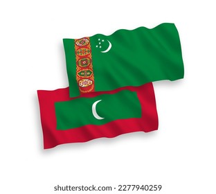 National vector fabric wave flags of Turkmenistan and Maldives isolated on white background. 1 to 2 proportion.
