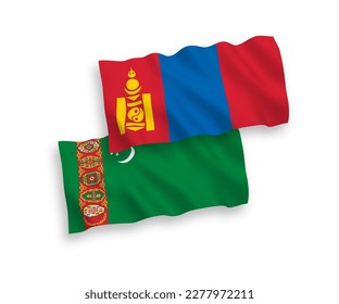 National vector fabric wave flags of Turkmenistan and Mongolia isolated on white background. 1 to 2 proportion.