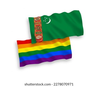 National vector fabric wave flags of Turkmenistan and Rainbow gay pride isolated on white background. 1 to 2 proportion.