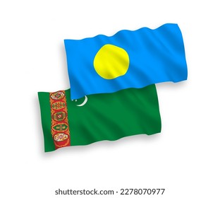 National vector fabric wave flags of Turkmenistan and Palau isolated on white background. 1 to 2 proportion.