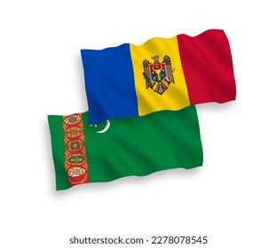 National vector fabric wave flags of Turkmenistan and Moldova isolated on white background. 1 to 2 proportion.