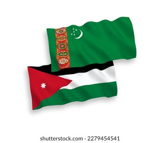 National vector fabric wave flags of Turkmenistan and Hashemite Kingdom of Jordan isolated on white background. 1 to 2 proportion.