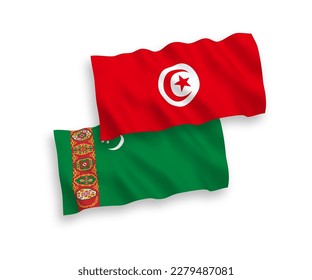 Banderas de olas de tela vectorial nacional de Turkmenistán y la República de Túnez aisladas de fondo blanco. de 1 a 2.