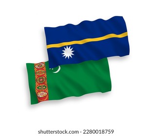 National vector fabric wave flags of Turkmenistan and Republic of Nauru isolated on white background. 1 to 2 proportion.