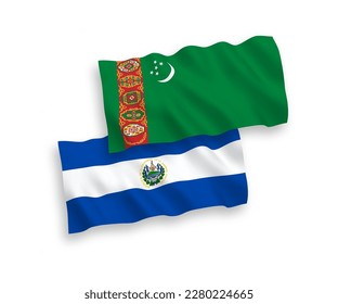 National vector fabric wave flags of Turkmenistan and Republic of El Salvador isolated on white background. 1 to 2 proportion.