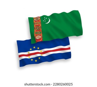 National vector fabric wave flags of Turkmenistan and Republic of Cabo Verde isolated on white background. 1 to 2 proportion.