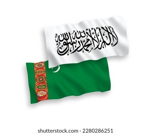 National vector fabric wave flags of Turkmenistan and Islamic Emirate of Afghanistan isolated on white background. 1 to 2 proportion.