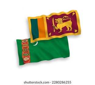 National vector fabric wave flags of Turkmenistan and Democratic Socialist Republic of Sri Lanka isolated on white background. 1 to 2 proportion.