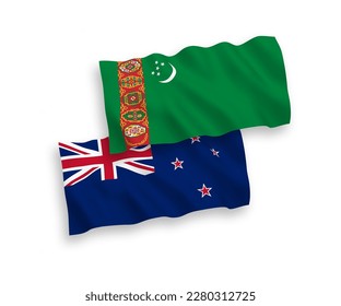 Nationale Vektor-Wellen-Flaggen Turkmenistans und Neuseelands einzeln auf weißem Hintergrund. 1 bis 2 %.