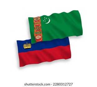 National vector fabric wave flags of Turkmenistan and Liechtenstein isolated on white background. 1 to 2 proportion.