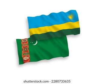 Banderas de olas de tela vectorial nacional de Turkmenistán y la República de Rwanda aisladas de fondo blanco. de 1 a 2.