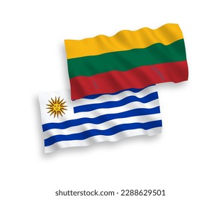 National vector fabric wave flags of Lithuania and Oriental Republic of Uruguay isolated on white background. 1 to 2 proportion.