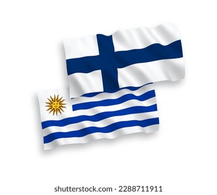 National vector fabric wave flags of Finland and Oriental Republic of Uruguay isolated on white background. 1 to 2 proportion.