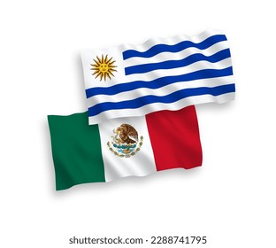 National vector fabric wave flags of Mexico and Oriental Republic of Uruguay isolated on white background. 1 to 2 proportion.