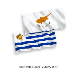 National vector fabric wave flags of Cyprus and Oriental Republic of Uruguay isolated on white background. 1 to 2 proportion.