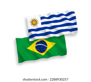 Banderas de olas de tela vectorial nacional del Brasil y la República Oriental del Uruguay aisladas en fondo blanco. de 1 a 2.