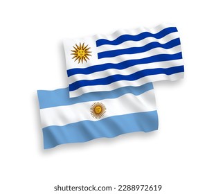 National vector fabric wave flags of Oriental Republic of Uruguay and Argentina isolated on white background. 1 to 2 proportion.