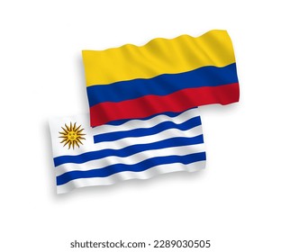 National vector fabric wave flags of Oriental Republic of Uruguay and Colombia isolated on white background. 1 to 2 proportion.