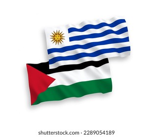 National vector fabric wave flags of Oriental Republic of Uruguay and Palestine isolated on white background. 1 to 2 proportion.