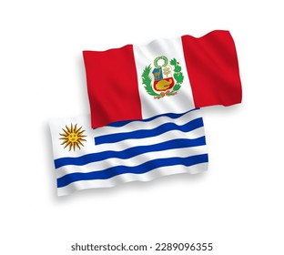 Nationale Vektorgrafik-Wellen-Flaggen der Orientalischen Republik Uruguay und Peru einzeln auf weißem Hintergrund. 1 bis 2 %.